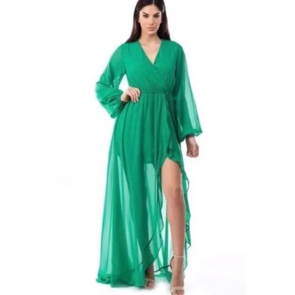 green chiffon wrap dress Savoir Chiffon Navy Green Women's Events Wrap Midi Dress main image 0